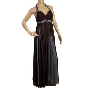JS Boutique Dress Beaded Strap & Waist Chiffon Halter Long Brown & Blue, Sz 4